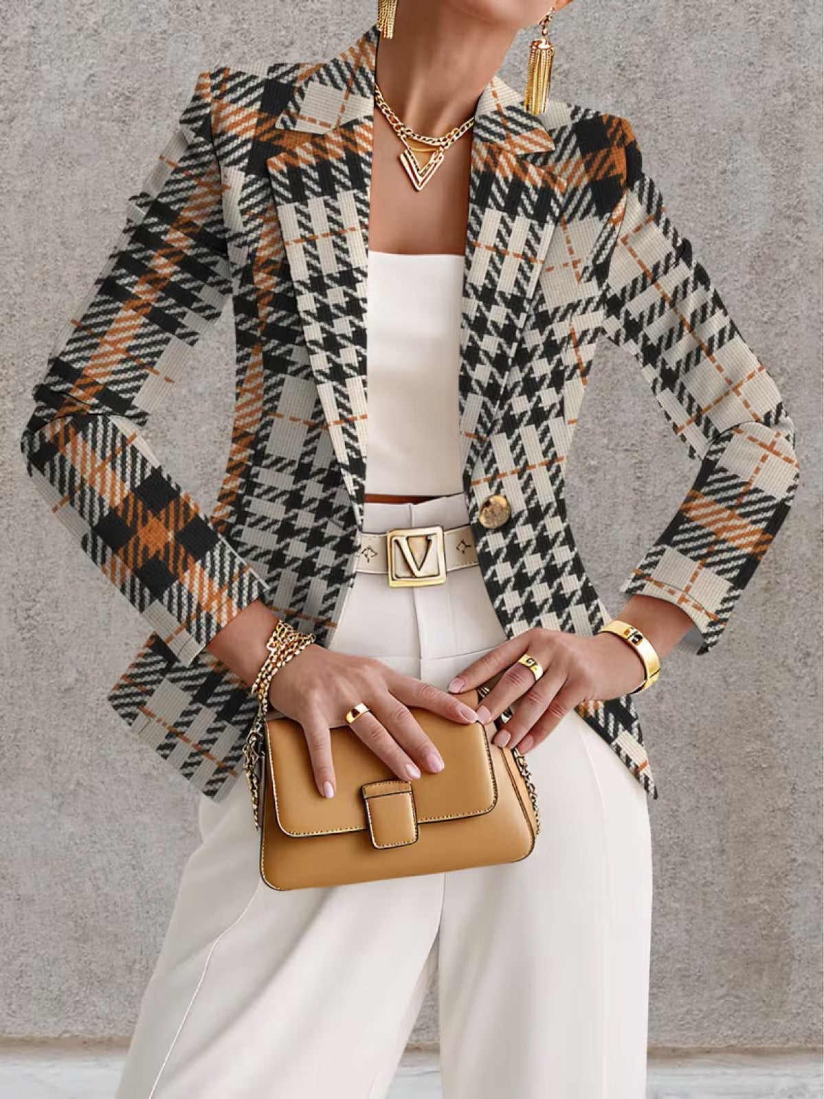 Houndstooth Plaid Single Button Cropped Blazer