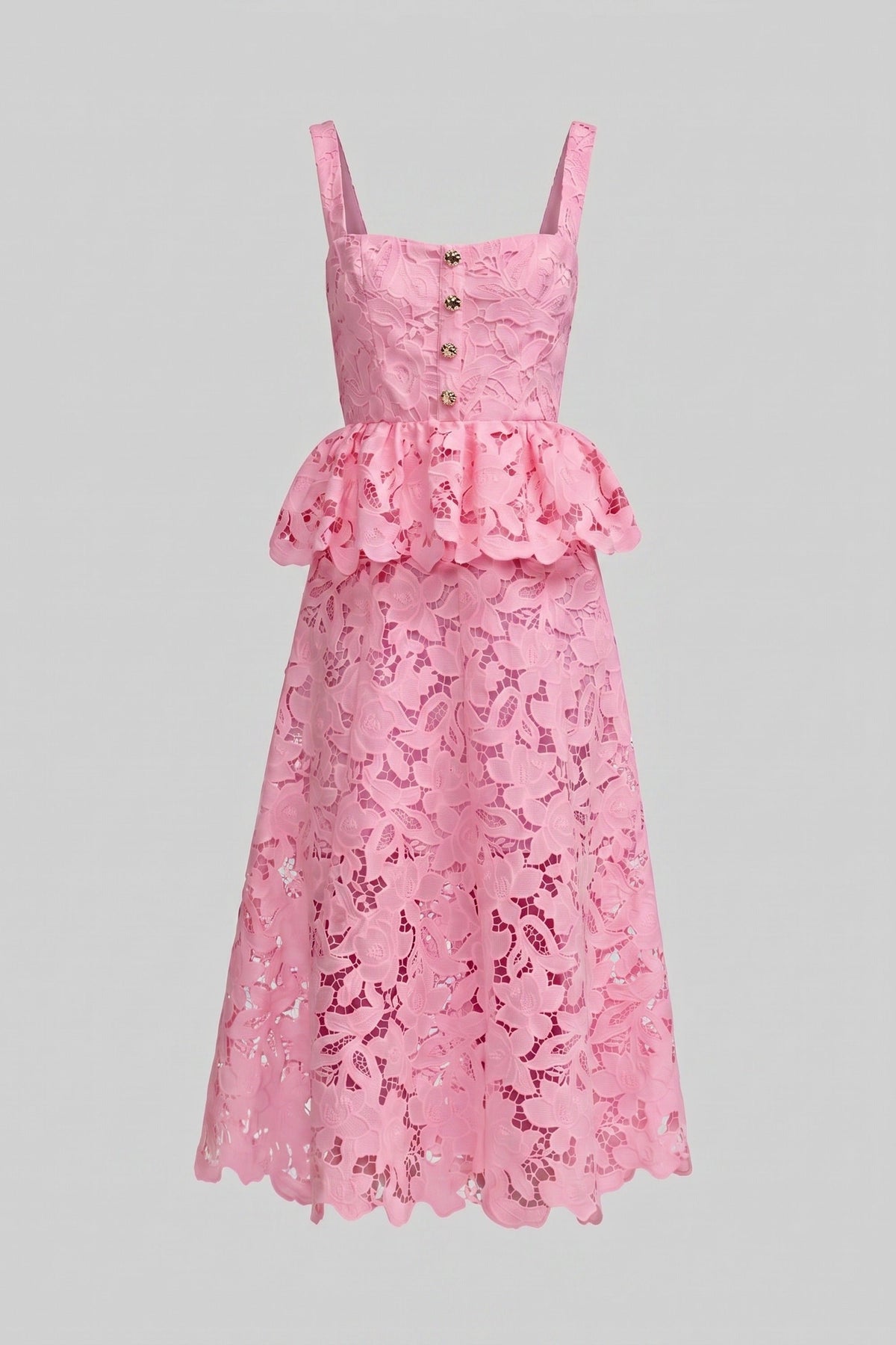 Sleeveless Lace Peplum Dress With Midi Skirt And Golden Buttons - Pink - View 2