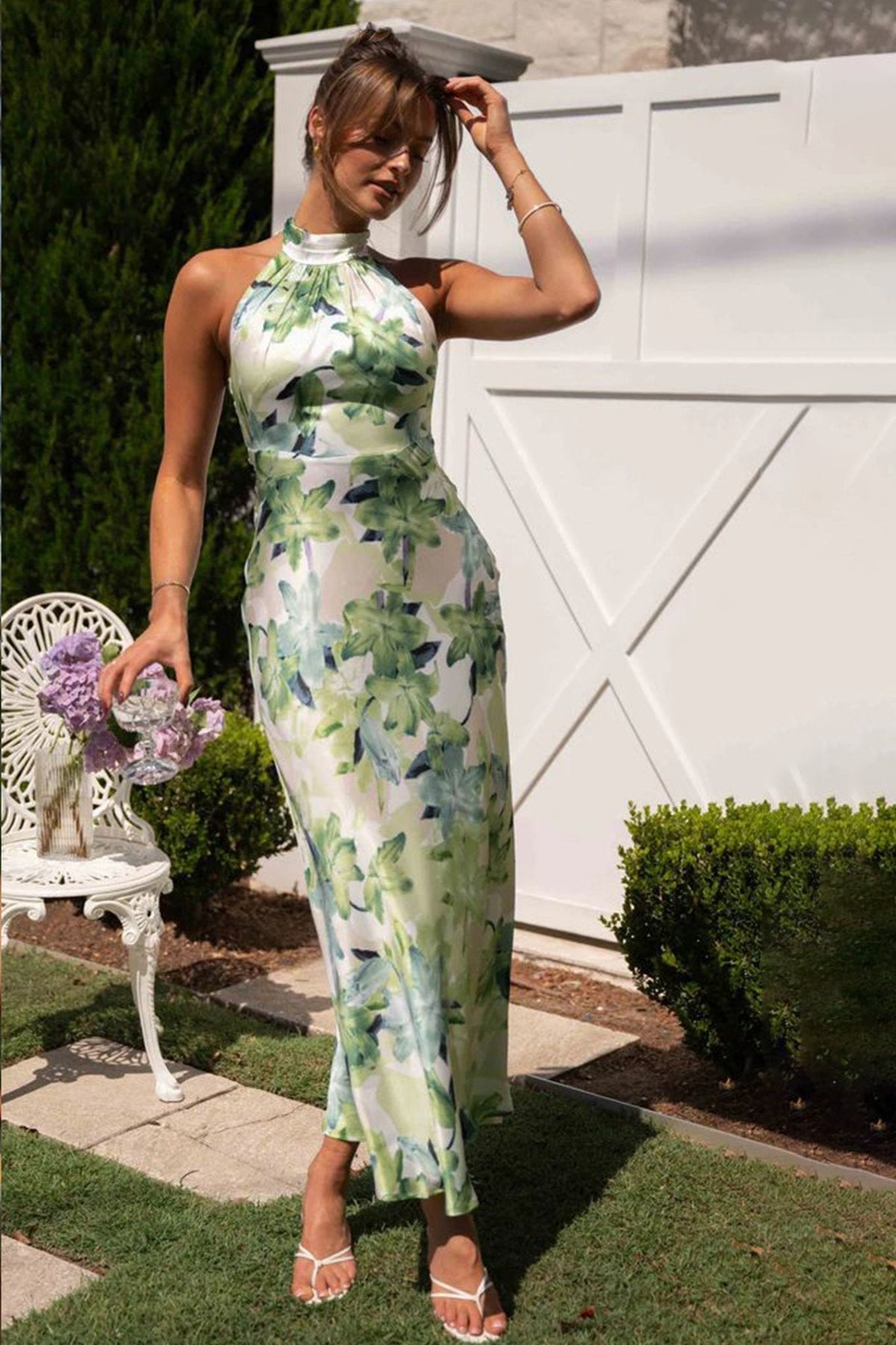 Satin Floral Print Halter Neck Backless High Split Maxi Dress in Green - View 7