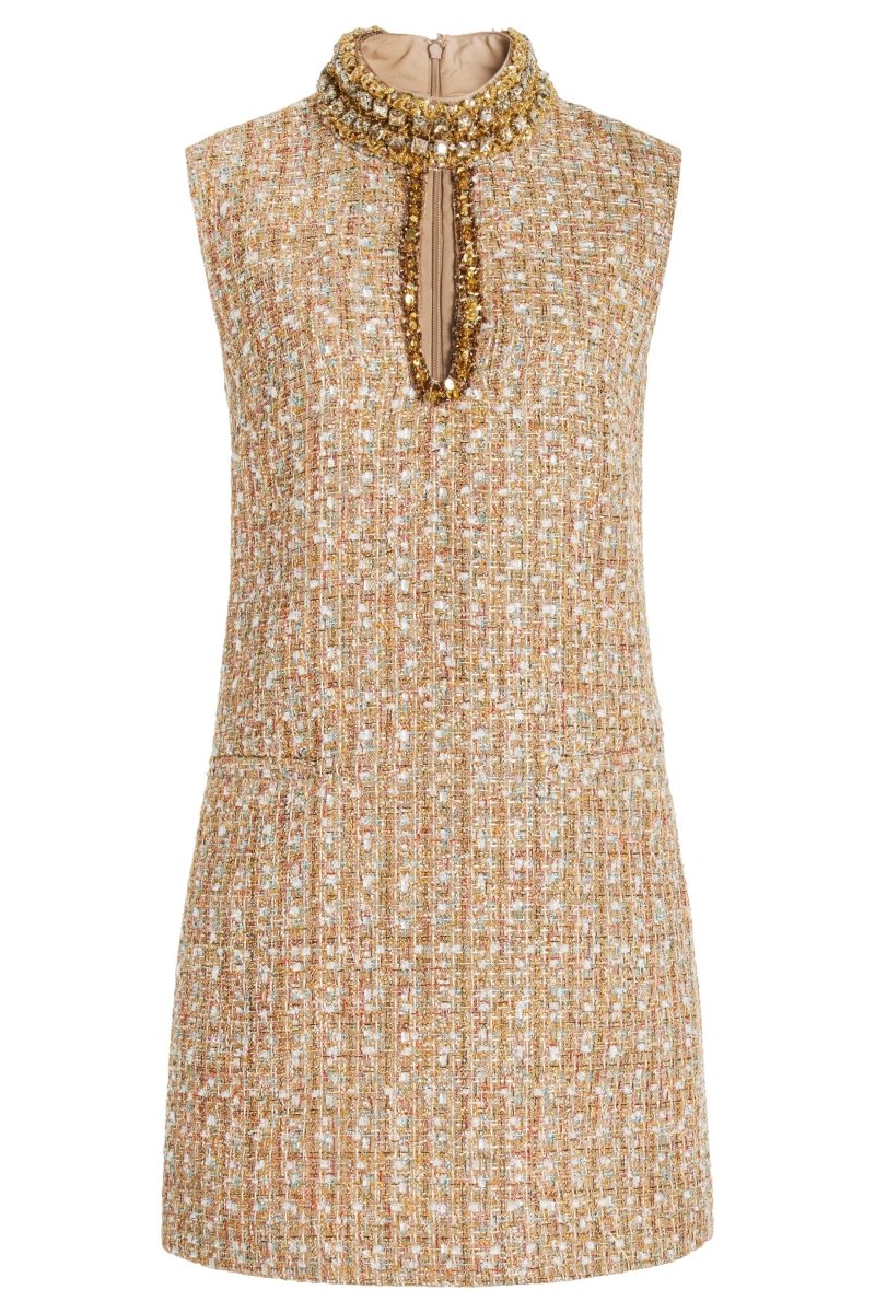 Crystal Embellished Mock Neck Keyhole Tweed A-Line Mini Dress - View 6