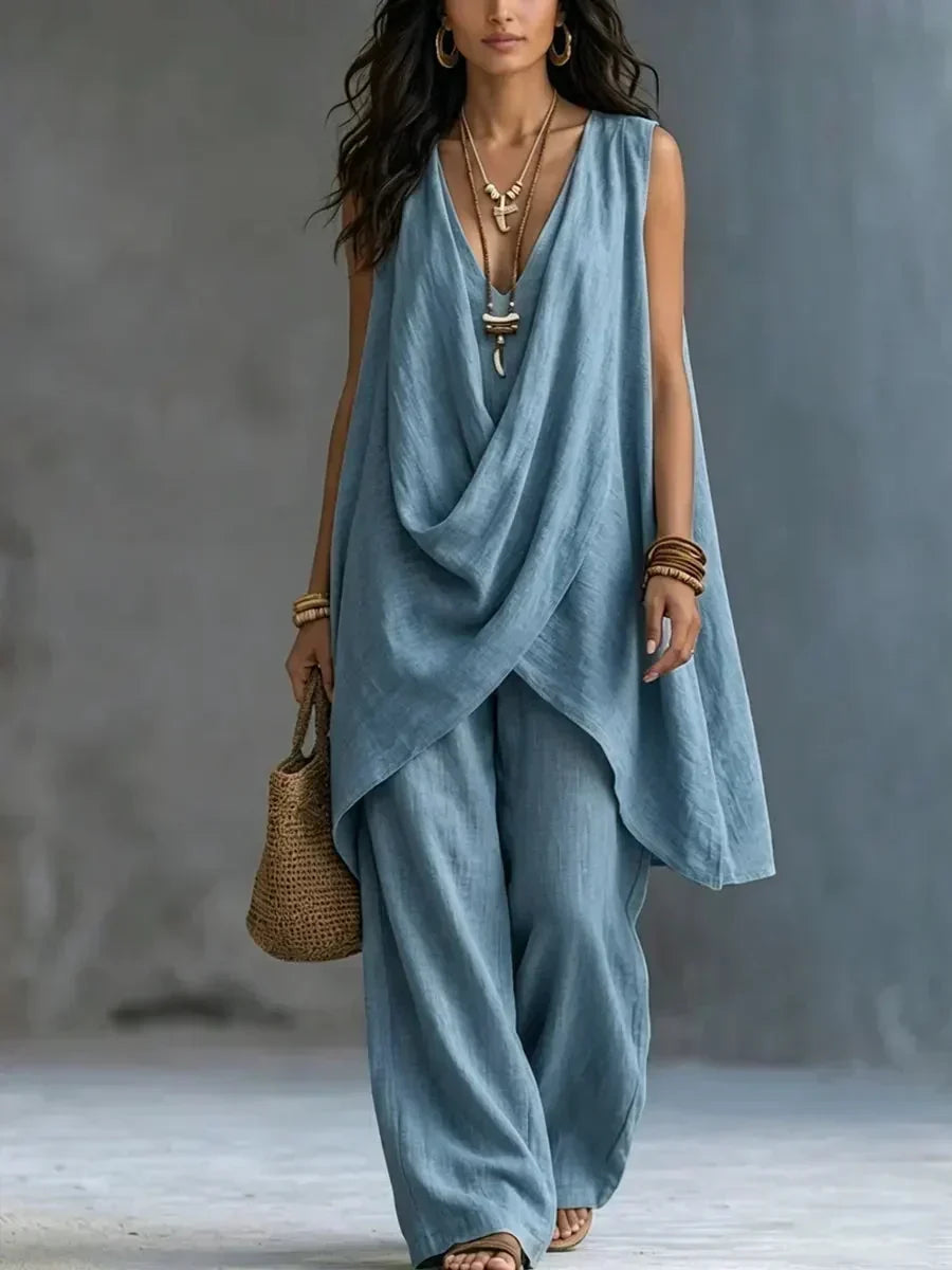 Sleeveless Deep V-Neck Draped Wrap Top and Wide Leg Pants Two Piece Set 3