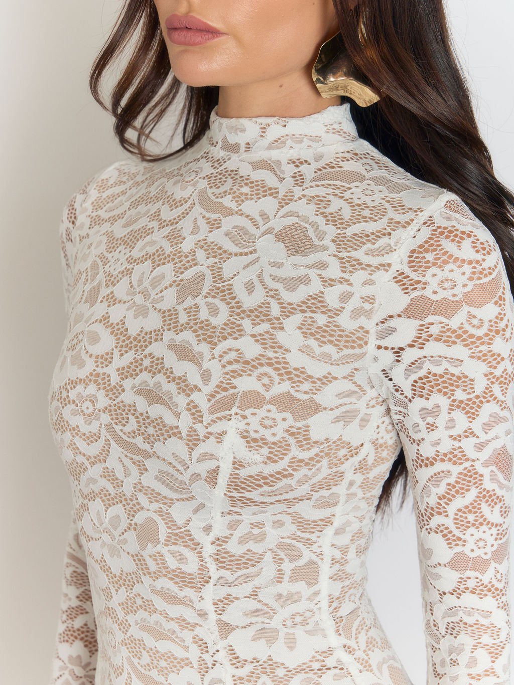 Giulia High Collar Lace Midi Dress in White - View 4