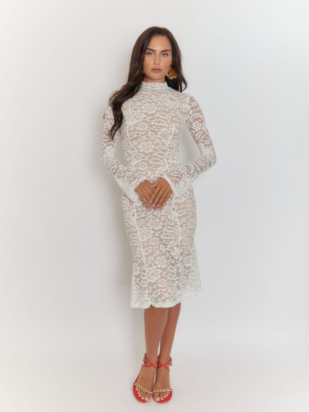 Giulia High Collar Lace Midi Dress in White - View 5