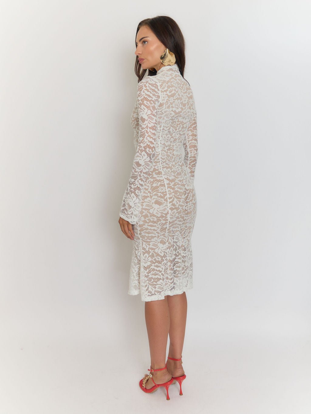 Giulia High Collar Lace Midi Dress in White - View 2