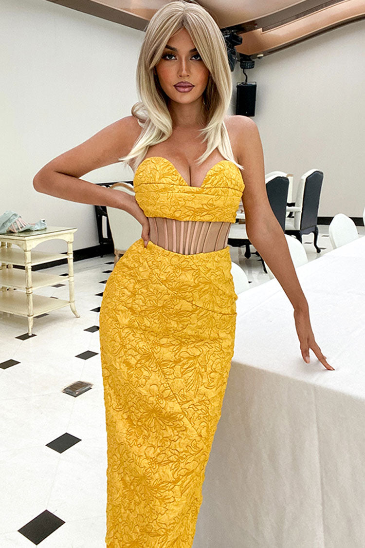 Strapless Sweetheart Sheer Waist Cut Out Bodycon Midi Dress