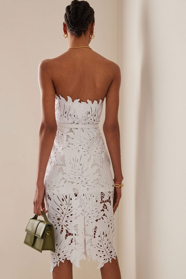 Glamorous Leaf Laser Cut Strapless Bandage Cocktail Midi Dress - White - View 4