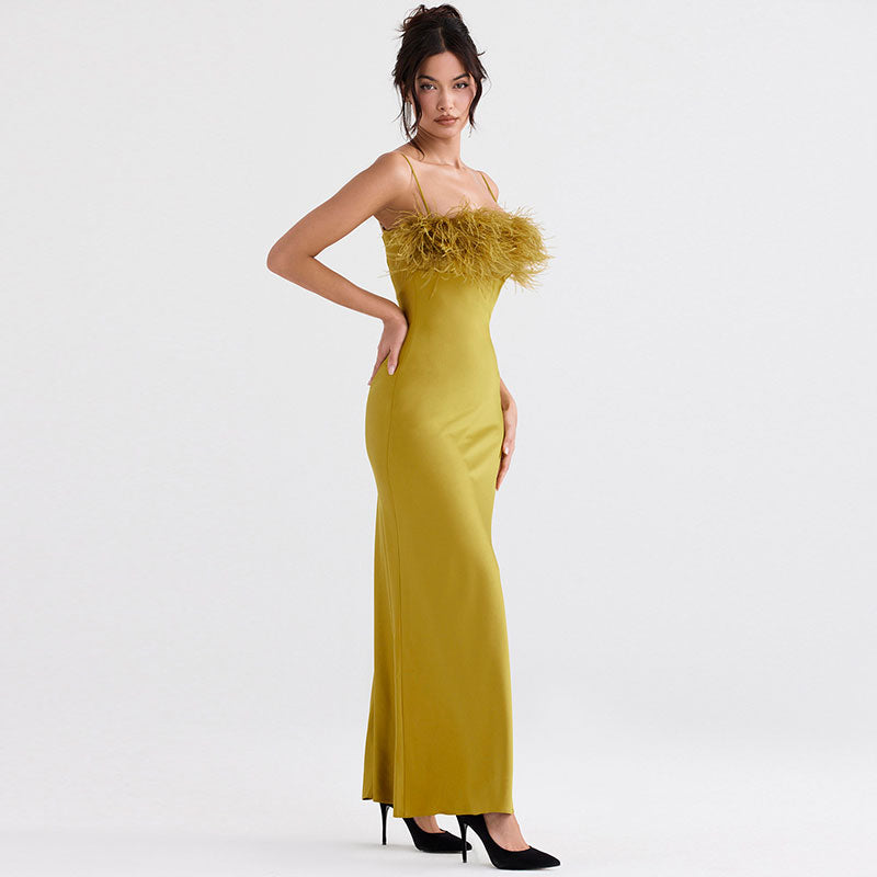 Satin Spaghetti Strap Feather Trim Slip Maxi Dress - View 2
