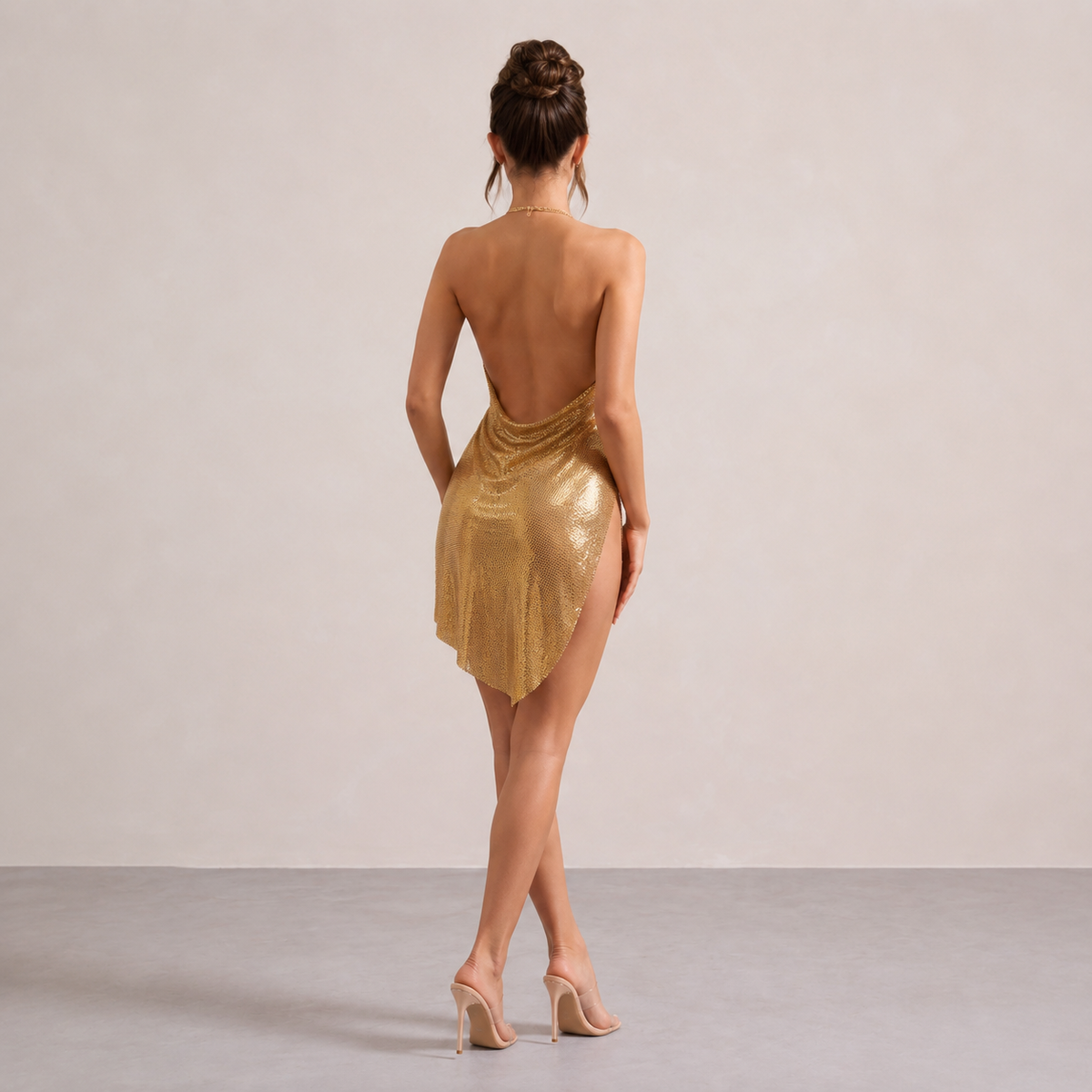 Cowl Neck Halter Backless Metallic Bodycon Mini Dress 6