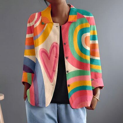 Abstract Heart Print Collared Button Front Shirt Jacket
