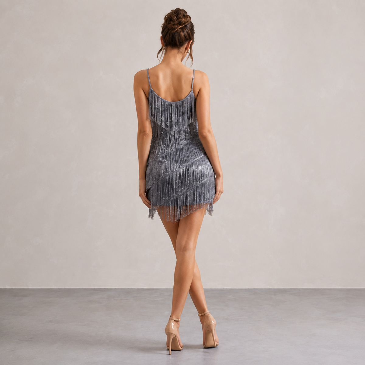 V-Neck Strappy Sequin Tassel Fringe Bodycon Mini Dress 15
