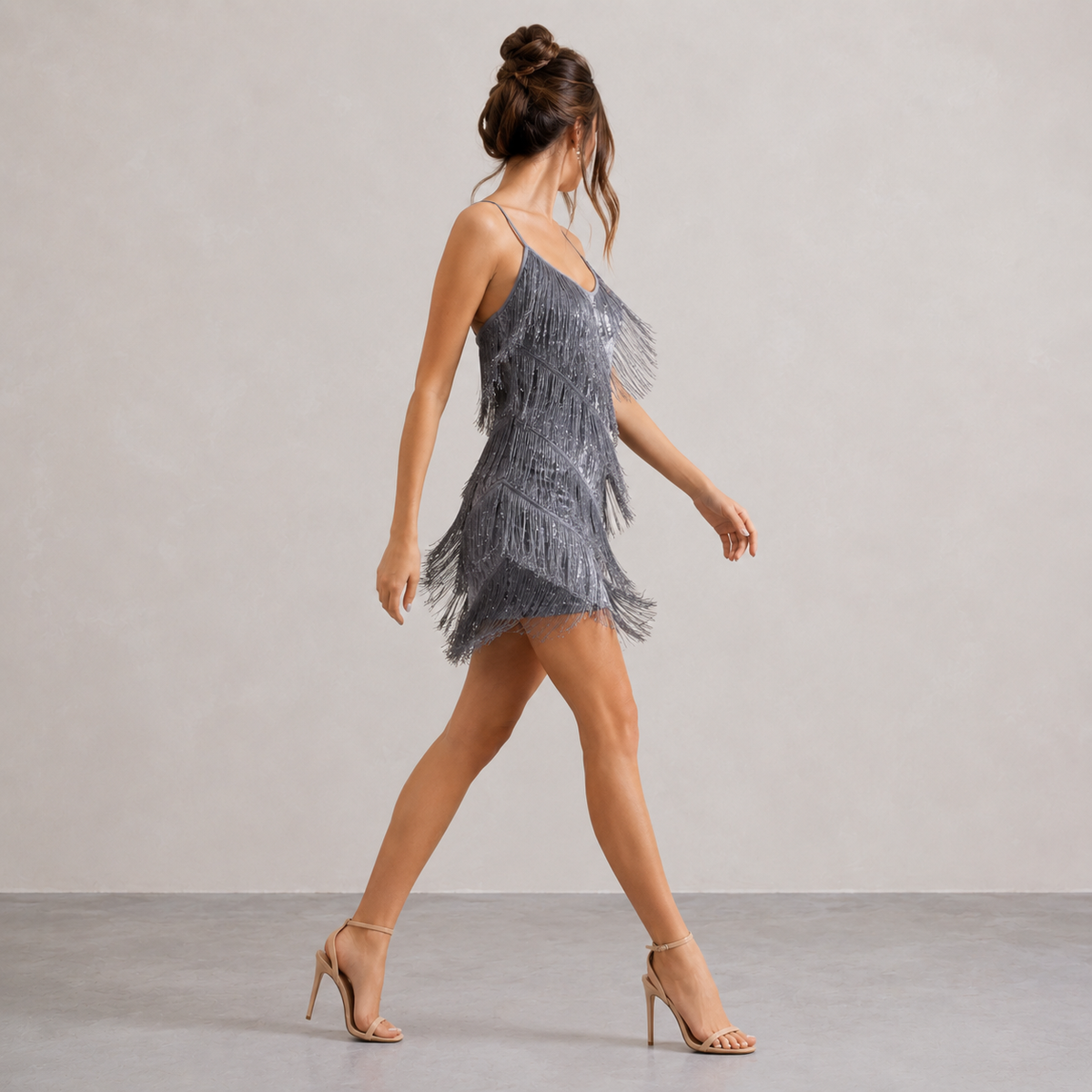 V-Neck Strappy Sequin Tassel Fringe Bodycon Mini Dress 16