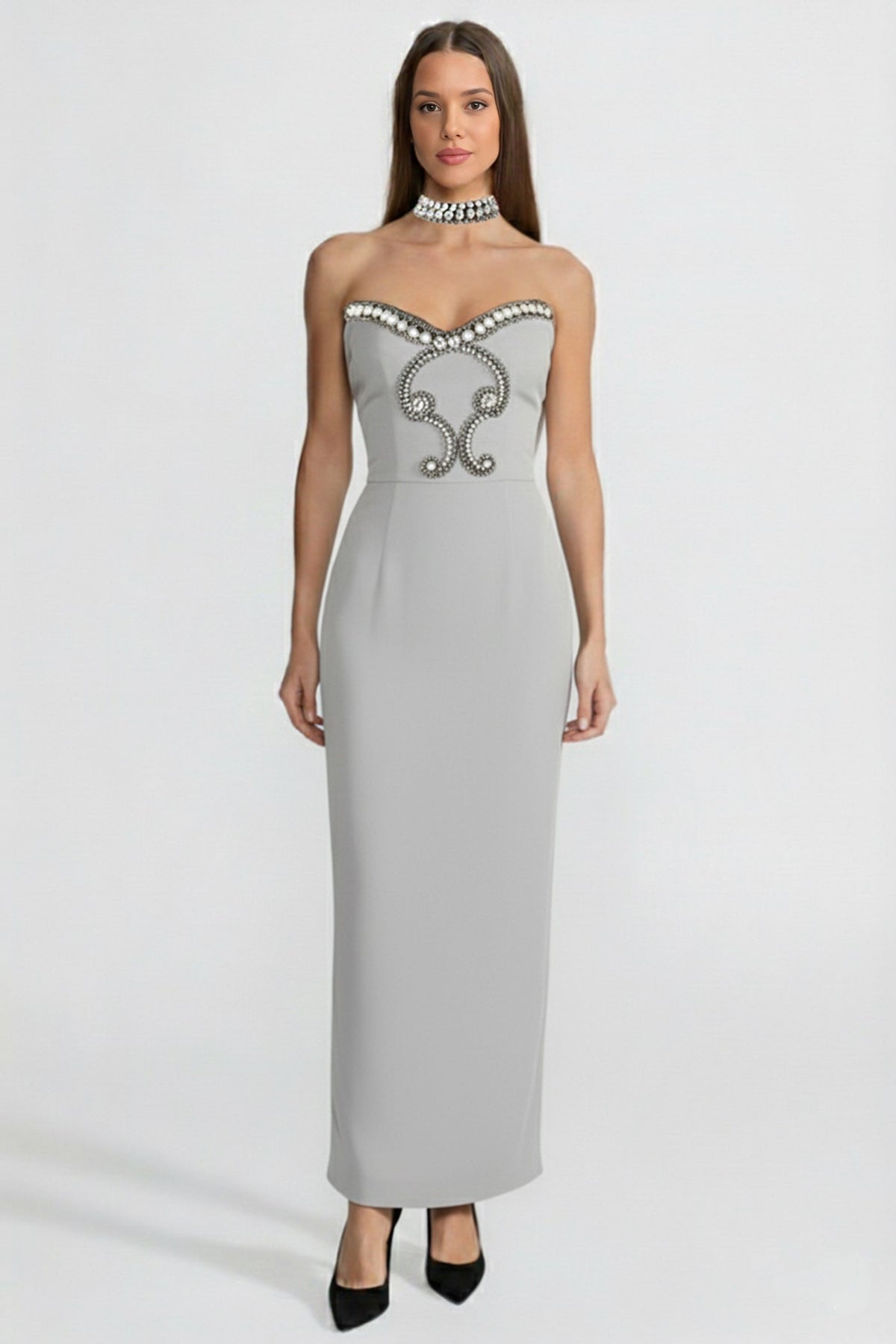 Pearl Crystal Embellished Sweetheart Strapless Column Maxi Gown