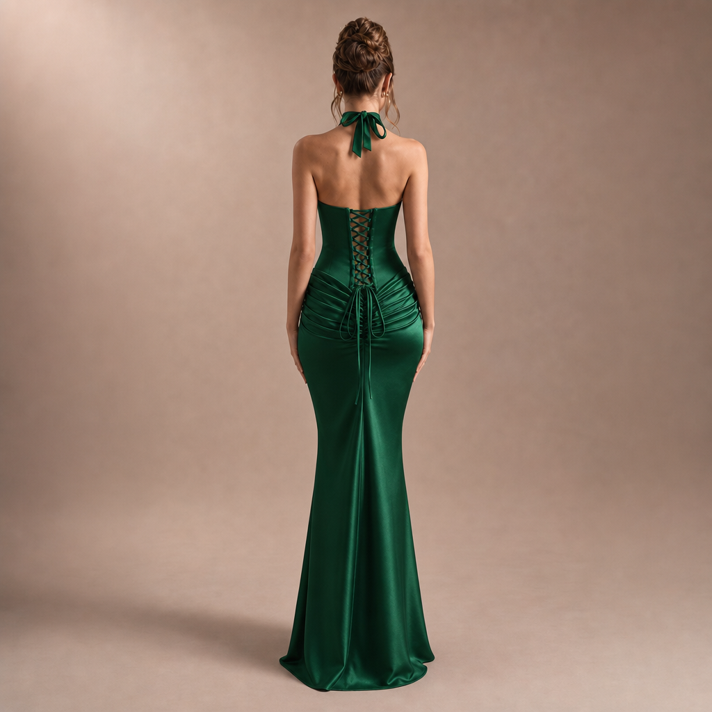 Halter Choker Strapless Corset Ruched Satin Fishtail Maxi Gown 12