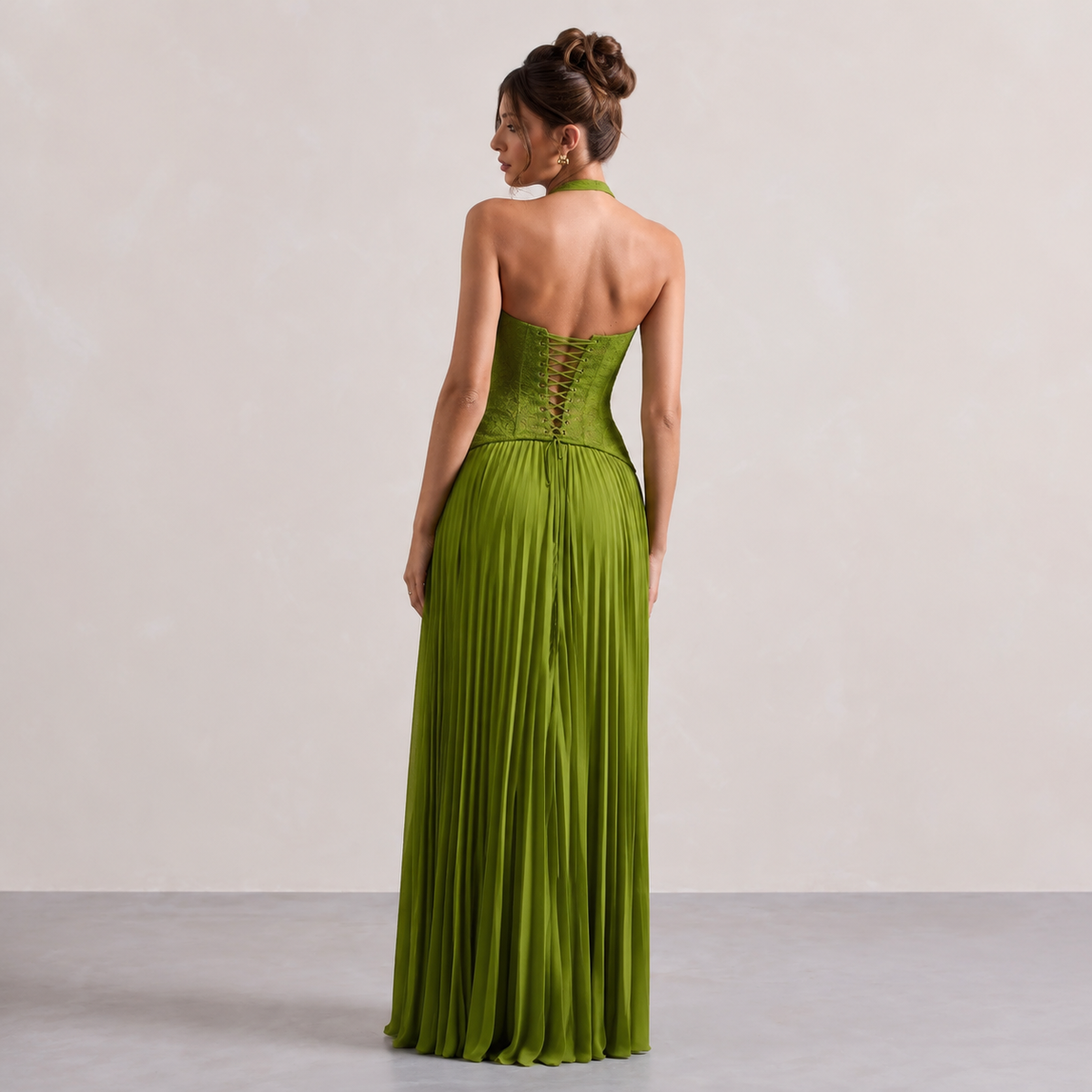 Halter Neck Lace Corset Pleated Chiffon Maxi Dress 6