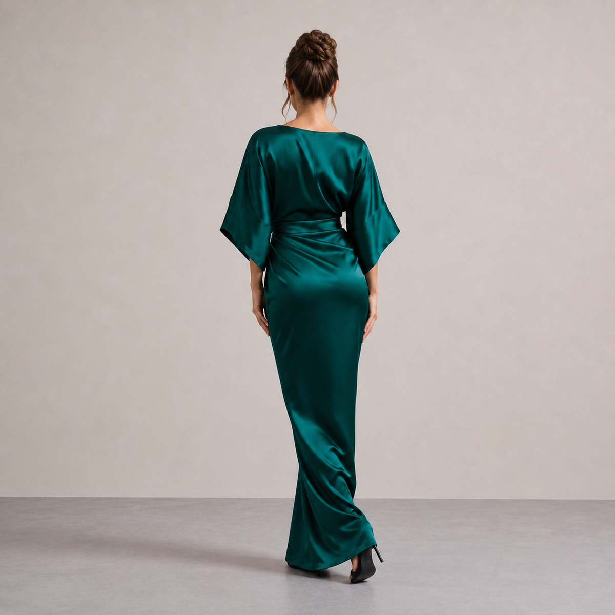 Round Neck Batwing Sleeve Brooch Ruched Satin Maxi Gown 9