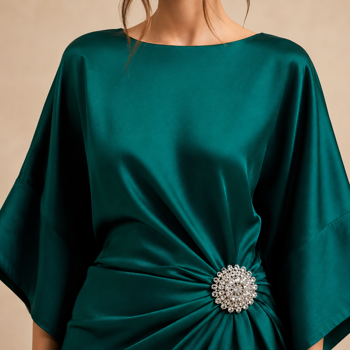 Round Neck Batwing Sleeve Brooch Ruched Satin Maxi Gown 8