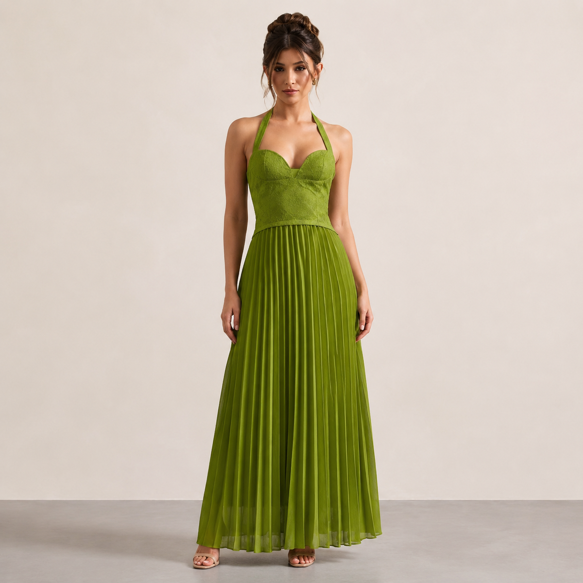 Halter Neck Lace Corset Pleated Chiffon Maxi Dress 4