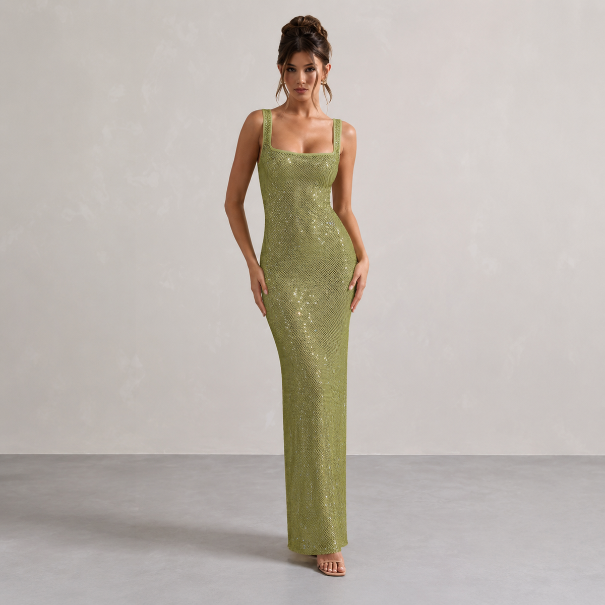 Rhinestone Square Neck Sleeveless Bodycon Maxi Dress 7