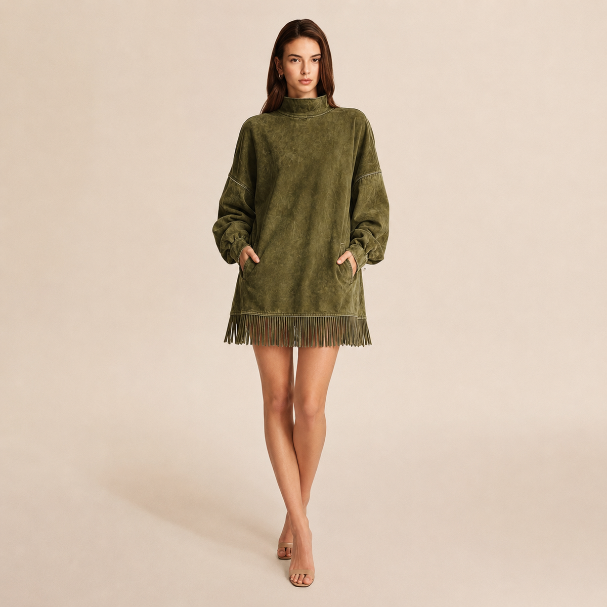 Mock Neck Long Sleeve Fringe Hem Oversized Mini Dress