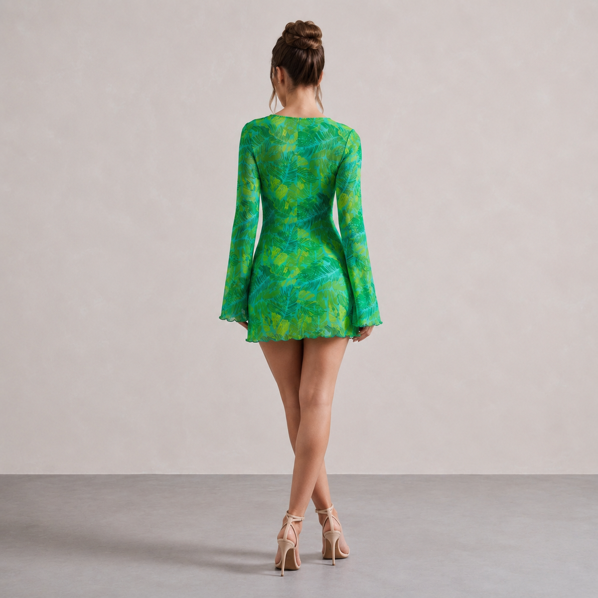 Round Neck Bell Sleeve Sheer Mesh Bodycon Mini Dress 15