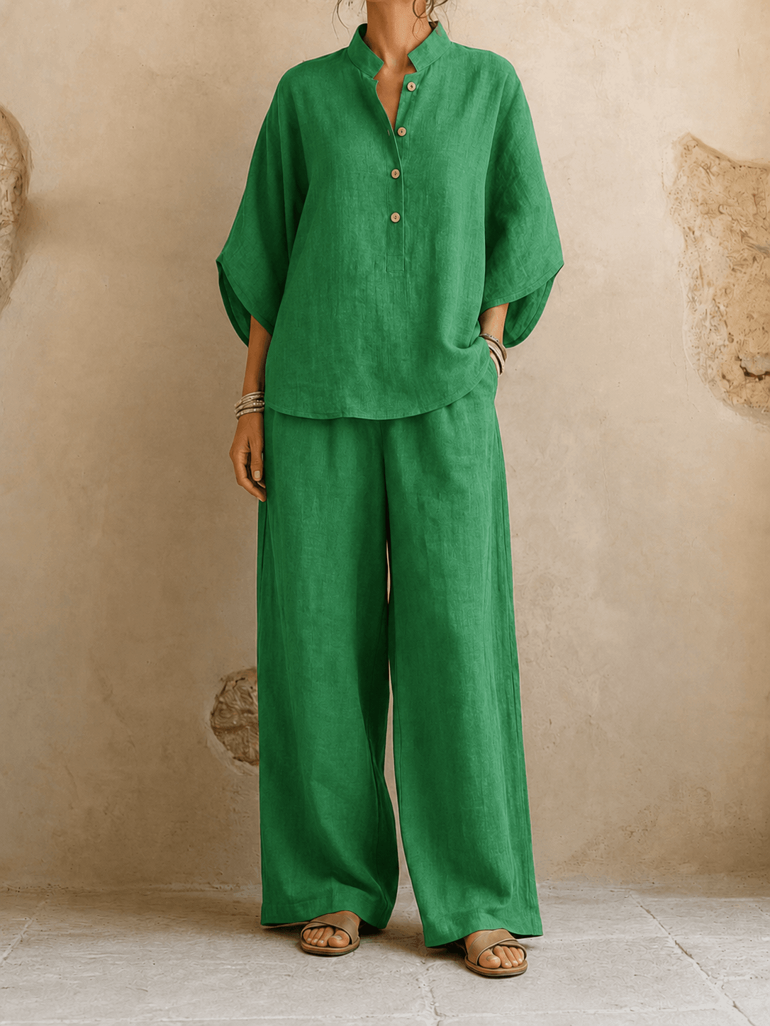Stand Collar Three Quarter Sleeve Button Top and Wide Leg Pants Two Piece Set 7