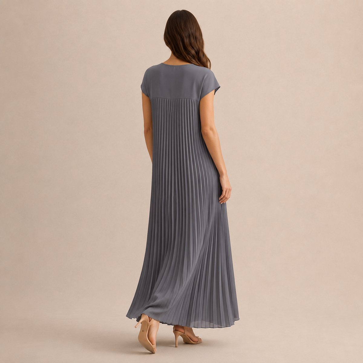 Crew Neck Cap Sleeve Pleated A-Line Maxi Dress 15