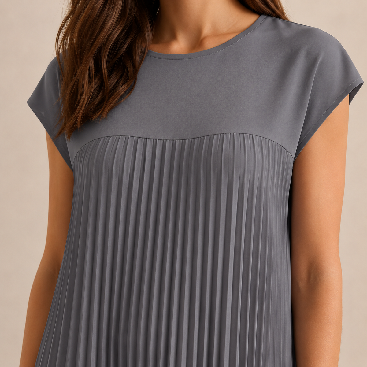 Crew Neck Cap Sleeve Pleated A-Line Maxi Dress 14