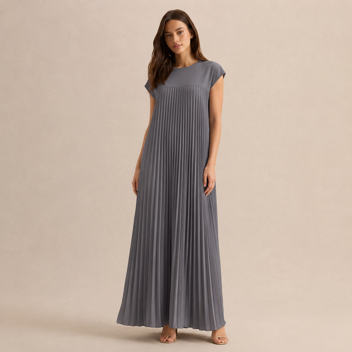 Crew Neck Cap Sleeve Pleated A-Line Maxi Dress 13