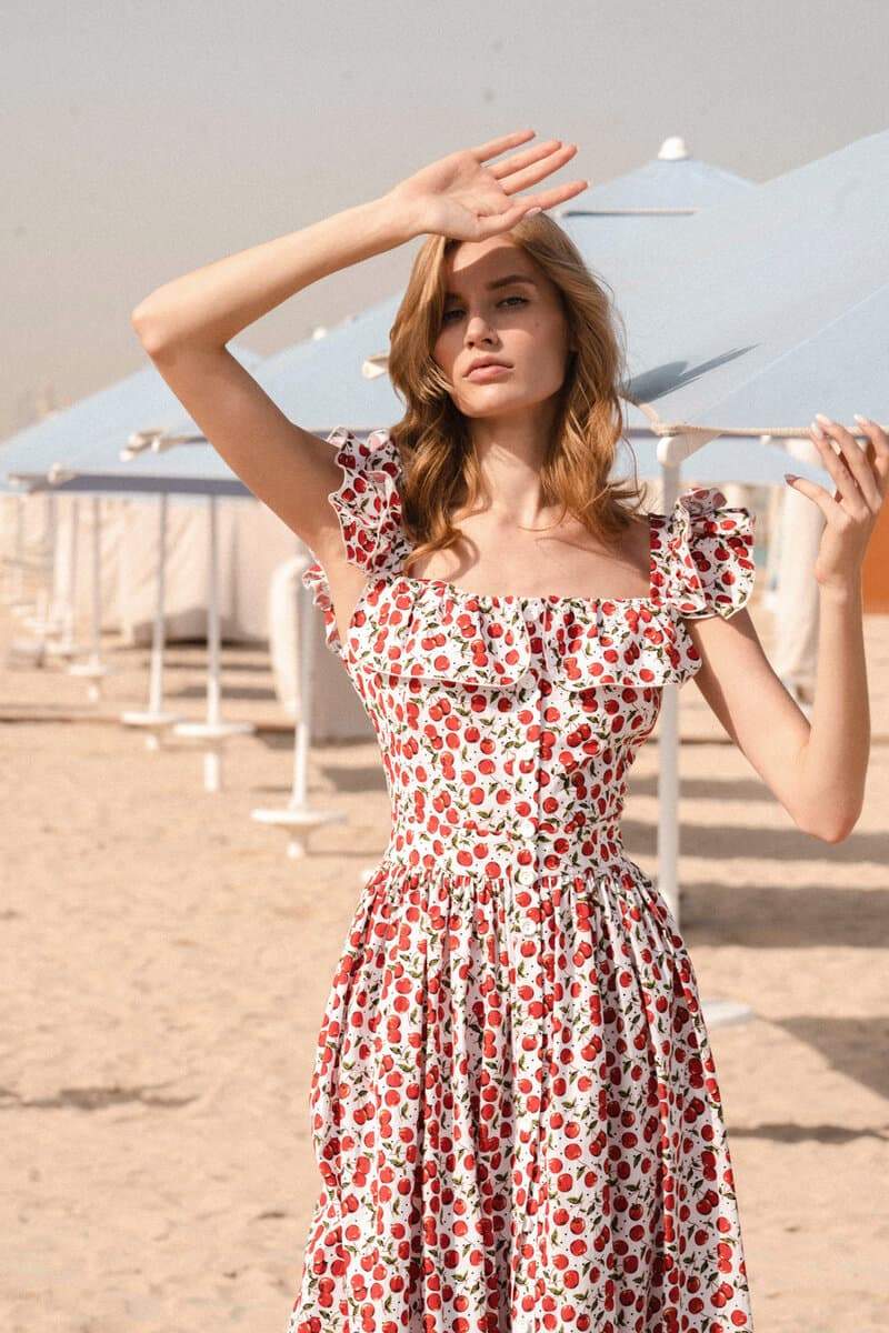 Cherry Print Square Neck Ruffle Sleeve Tiered Midi Dress - View 4