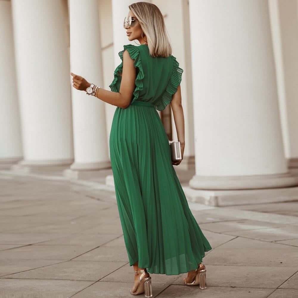 Accordion Pleat Ruffle Armhole Sleeveless Maxi Party Dress