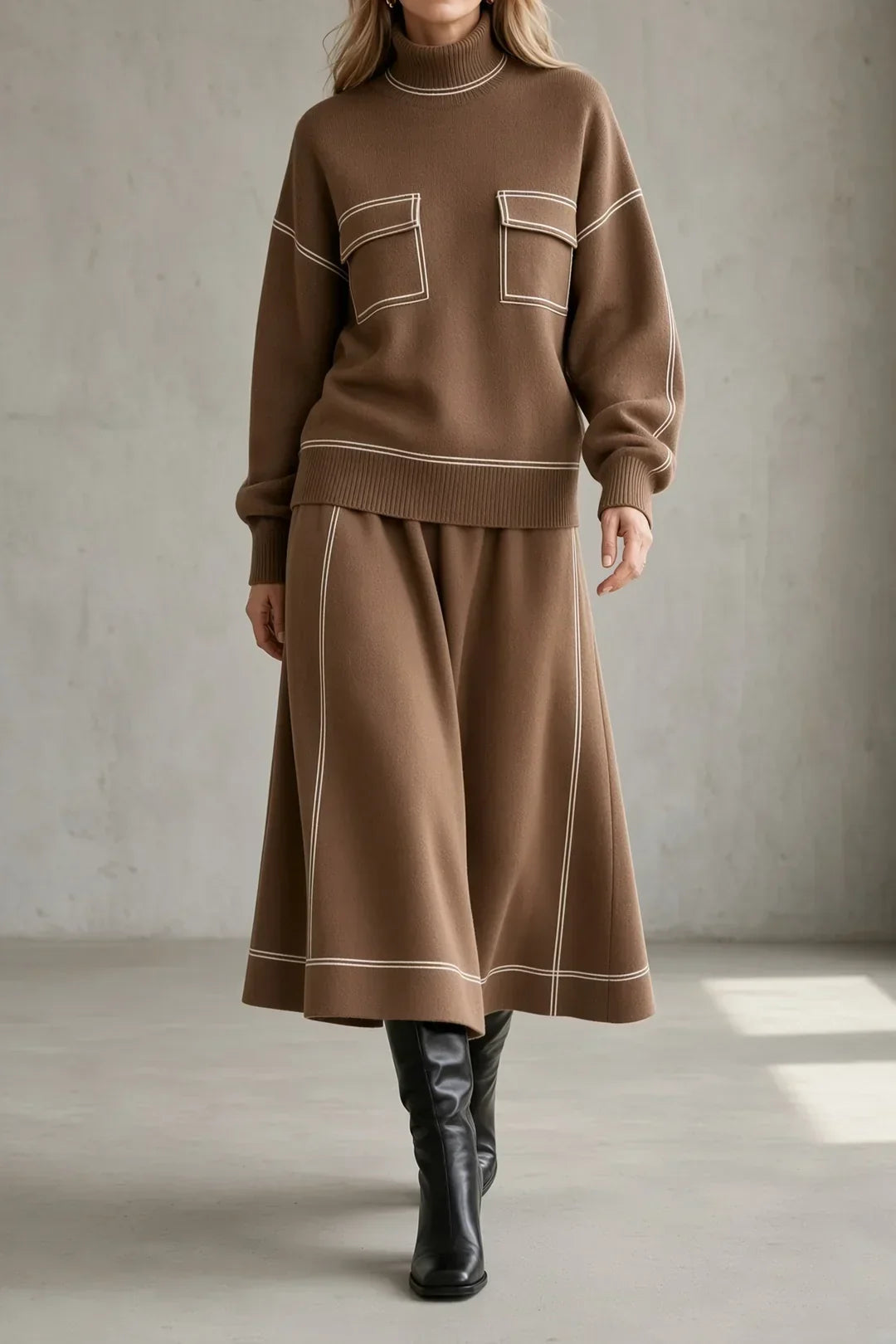 Turtleneck Contrast Stitch Sweater and A-Line Midi Skirt Two Piece Set