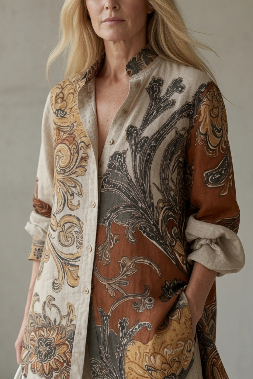 Baroque Print Collared Long Sleeve Button Front Longline Shirt 3