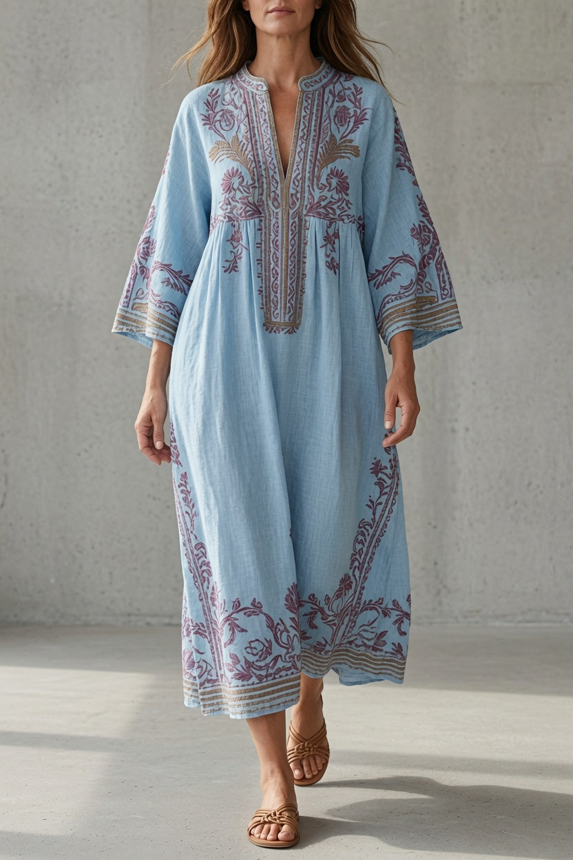 Floral Embroidered Split Neck Long Sleeve Linen Look Maxi Dress 2