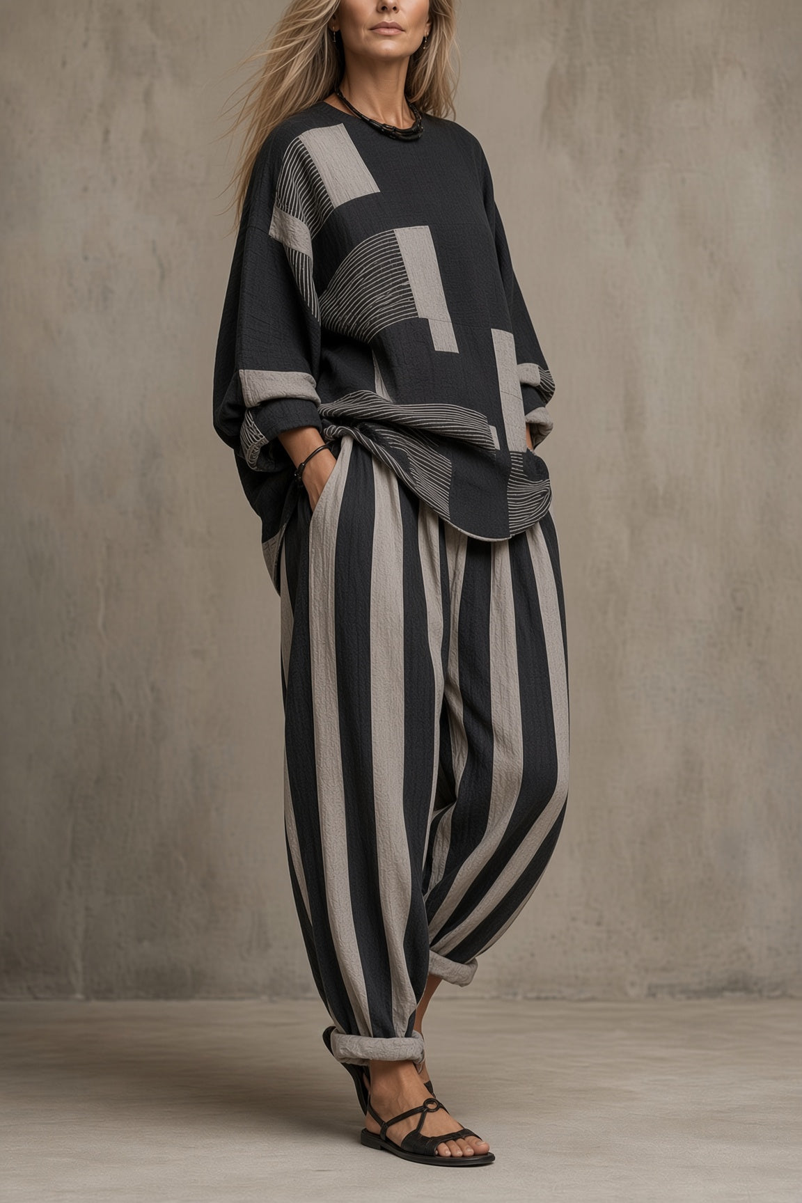 Colorblock Boxy Top and Striped Wide Leg Pants Two Piece Set 5