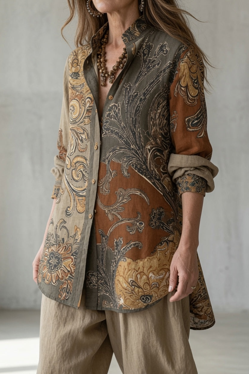 Baroque Print Collared Long Sleeve Button Front Longline Shirt 5