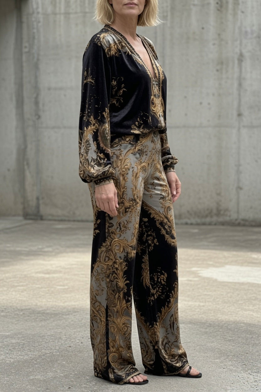 Baroque Print Deep V-Neck Top and Wide Leg Pants Two Piece Set 2