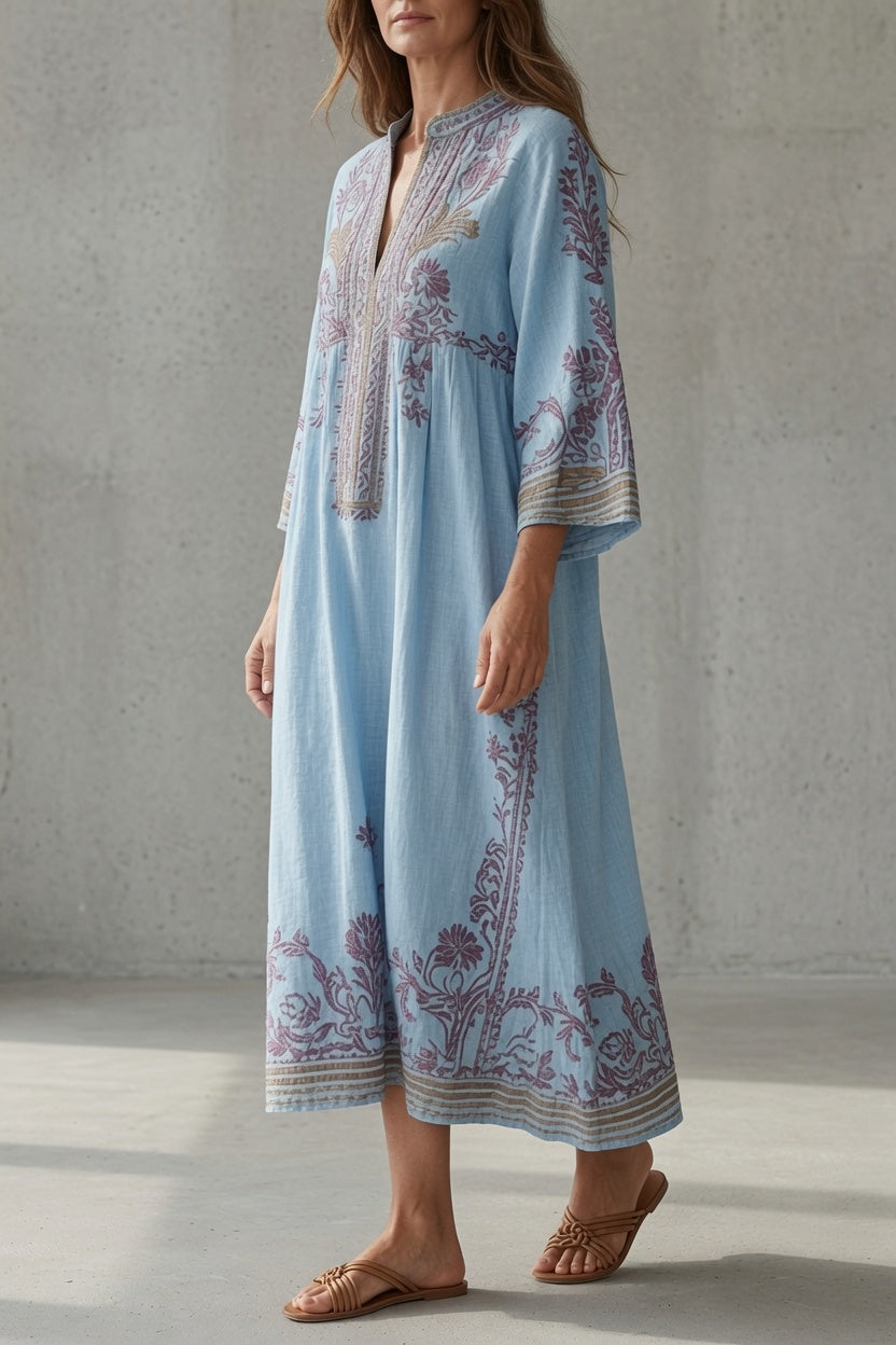 Floral Embroidered Split Neck Long Sleeve Linen Look Maxi Dress 5