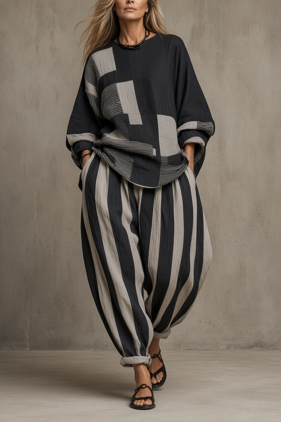 Colorblock Boxy Top and Striped Wide Leg Pants Two Piece Set 2