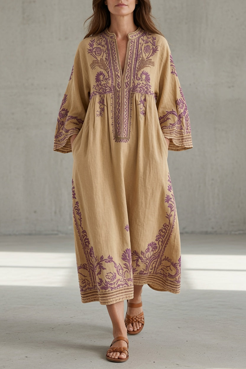 Floral Embroidered Split Neck Long Sleeve Linen Look Maxi Dress 3