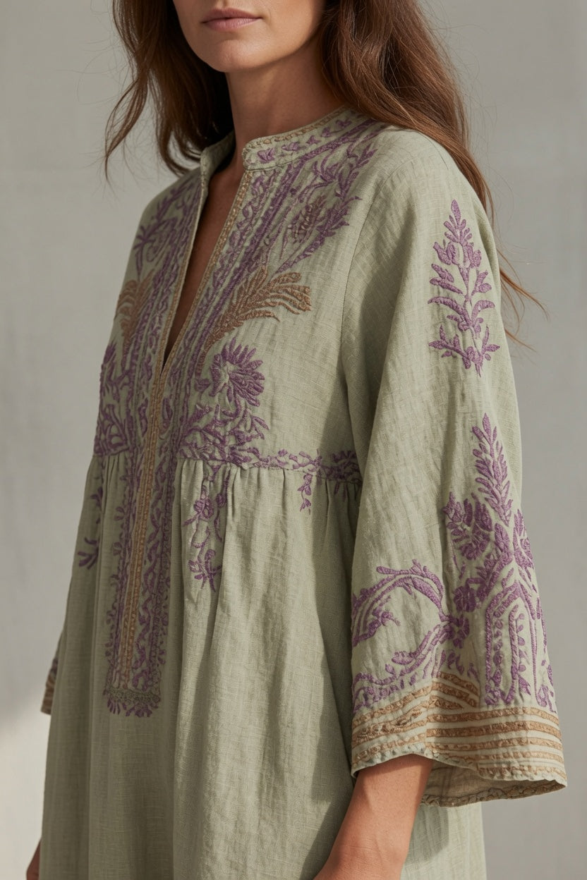 Floral Embroidered Split Neck Long Sleeve Linen Look Maxi Dress 4
