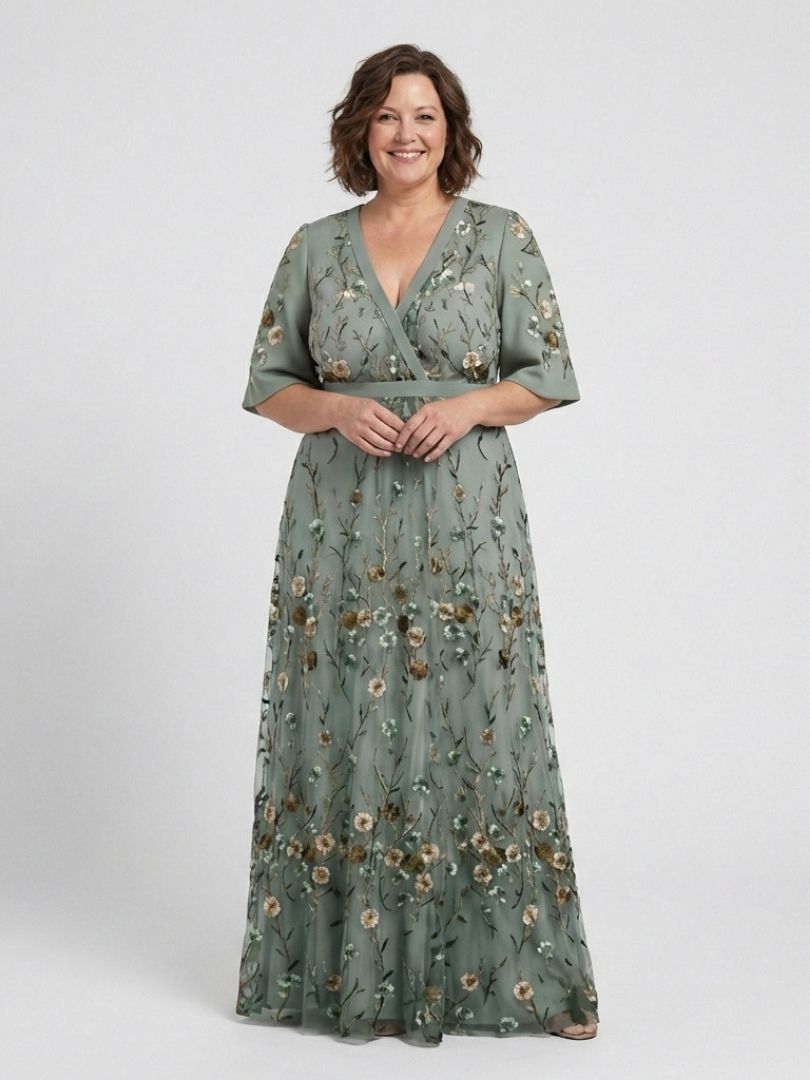 Floral Embroidered V-Neck Flutter Sleeve Maxi Dress 4