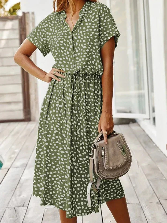 Animal Print Collared Short Sleeve Drawstring Midi Shirt Dress 3