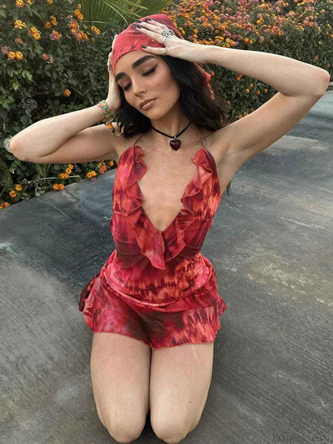 Tie Dye Mesh Halter Deep V-Neck Ruffle Mini Dress - View 4