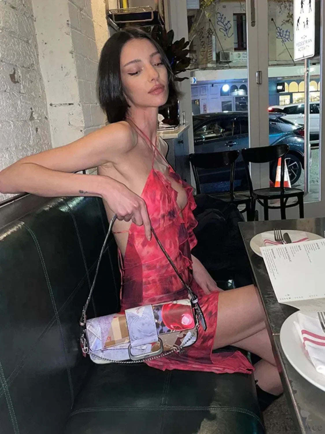 Tie Dye Mesh Halter Deep V-Neck Ruffle Mini Dress - View 6