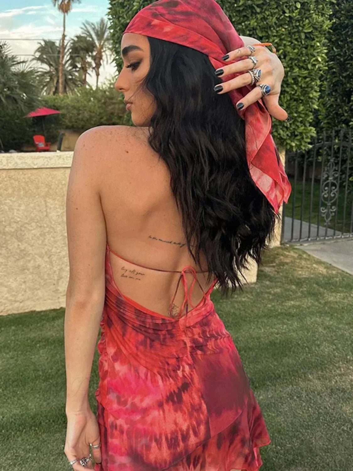 Tie Dye Mesh Halter Deep V-Neck Ruffle Mini Dress - View 5