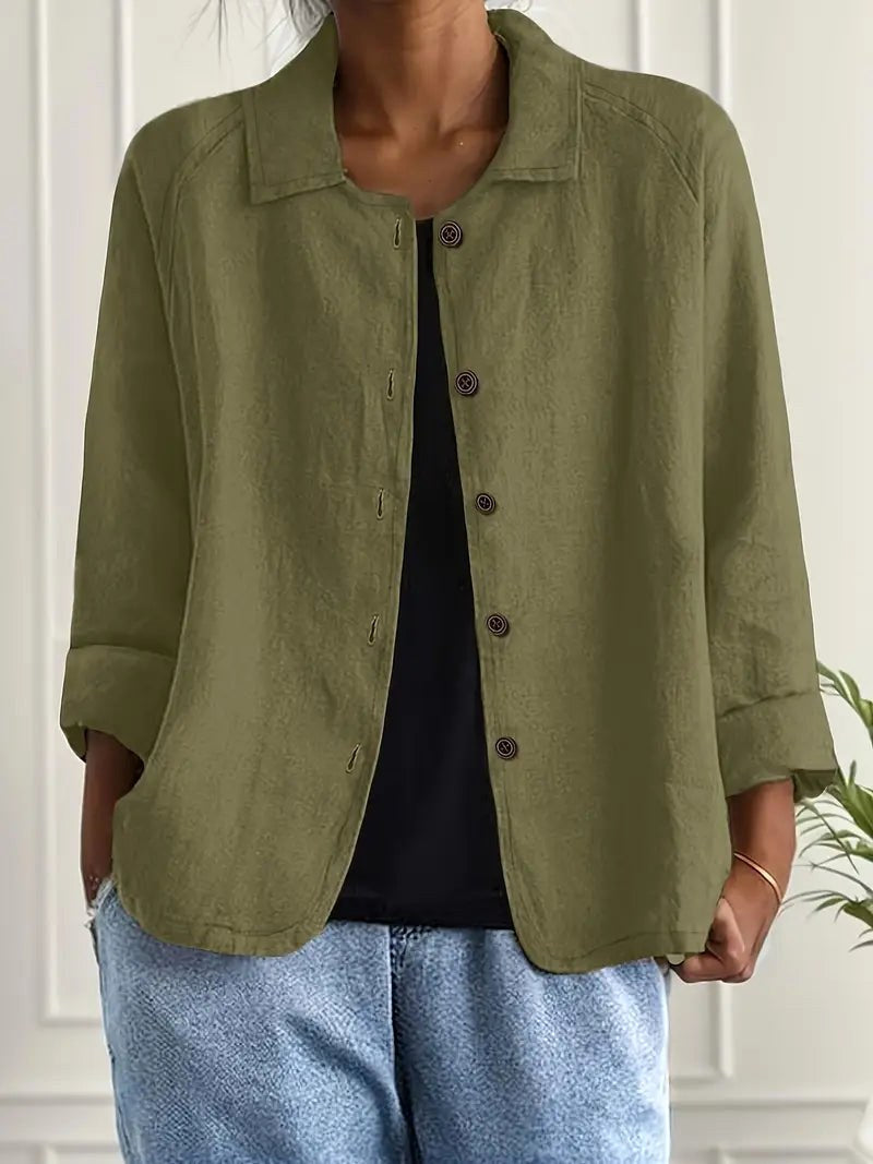 Collared Button Front Patch Pocket Linen Look Shirt Jacket