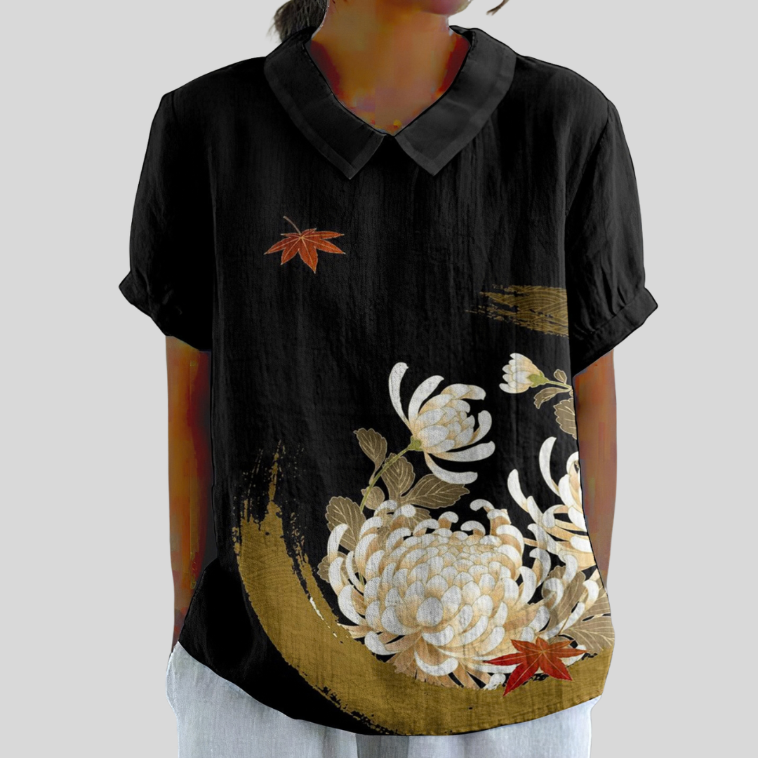 Peter Pan Collar Short Sleeve Chrysanthemum Print Blouse