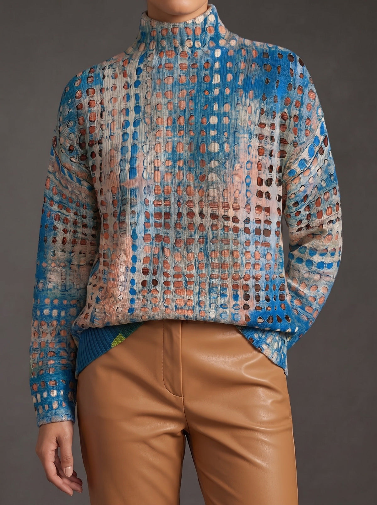 Open Weave Lattice Turtleneck Long Sleeve Sweater