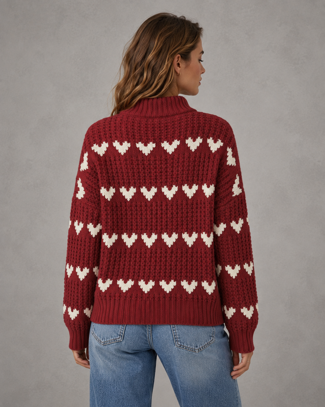 Heart Pattern Chunky Knit Mock Neck Sweater 2