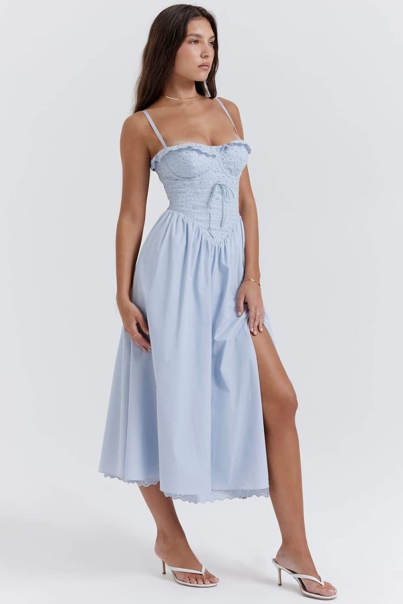Lace Spaghetti Strap Corset High Split A-Line Midi Dress